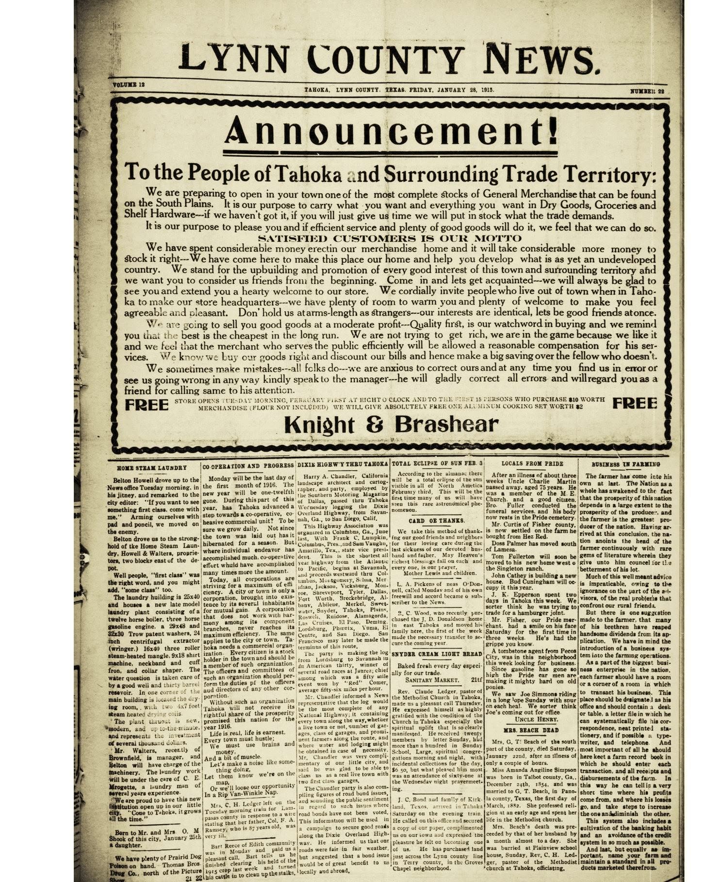 Lynn County News announcement for Knight & Brashear, January 28, 1916